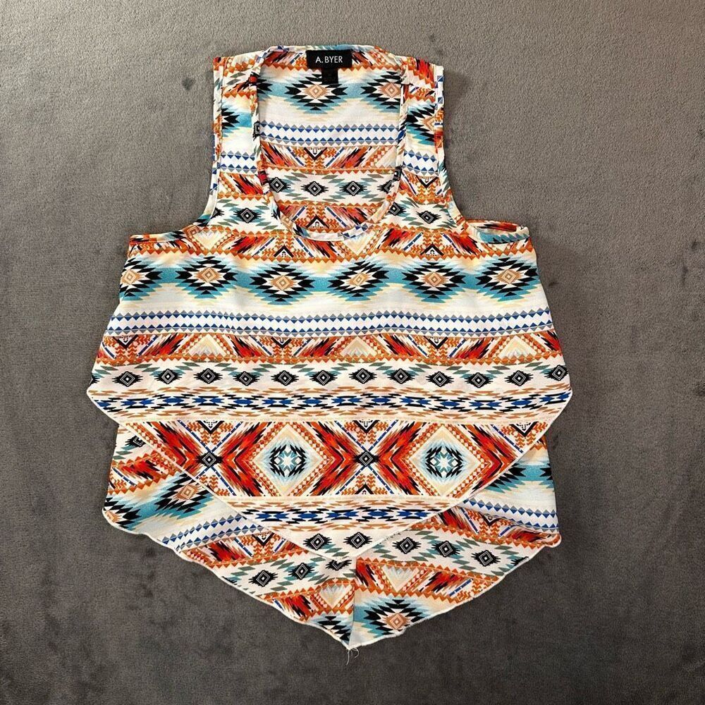 A. Byer Sleeveless Top Womens M White Orange Blue Aztec Tribal Print Tiered Asym